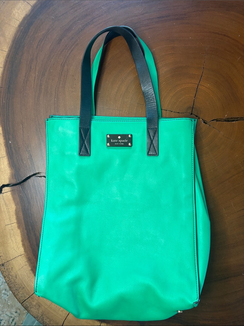 Kate Spade Green Leather Tote Bag Black Straps Structured Handbag